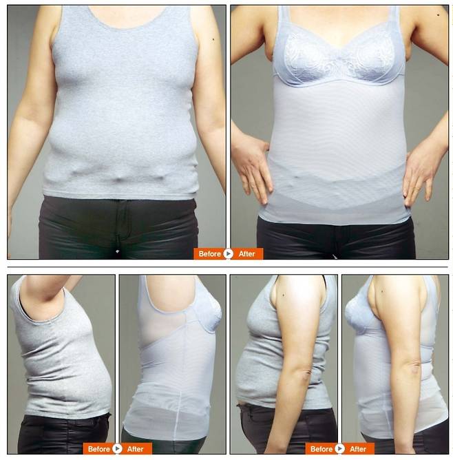 40~50대 중년 여성들이 나잇살을 감추려고 입던 보정속옷이 기능에 편리함까지 갖추면서 수요층이 20대까지 확대되고 있다. 사진은 보디셰이퍼 착용 전후 모습. 박미향 기자 mh@hani.co.kr
