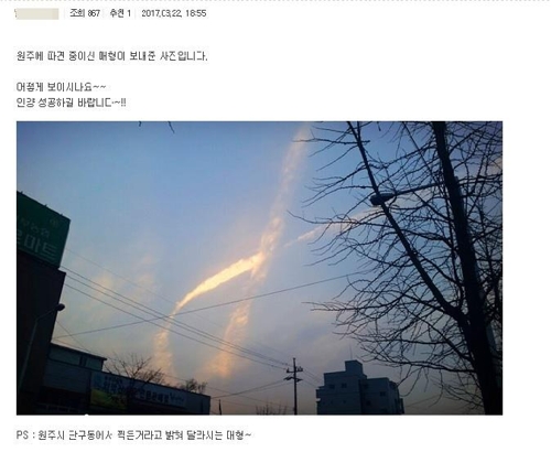 한 포털 유명카페 게시판에 올라온 '세월호 노란 리본 구름' 인증사진 [다음 이종격투기 카페 갈무리=연합뉴스]
