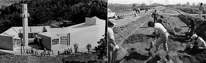 1970년 일본인들의 모금으로 다시 지어진 제암리 교회(왼쪽), 1982년 제암리 학살사건 희생자 유해 발굴_/제암리 3.1순국기념관 홈페이지, 조선 DB
