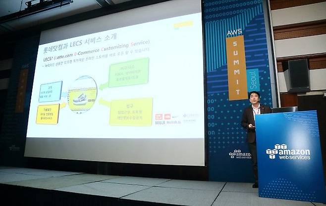 롯데닷컴의 IT 인프라팀 김진우 팀장이 AWS 클라우드상에서 전자상거래 구축 사례를 설명하고 있다.