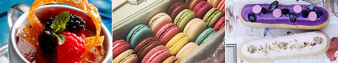 좌측부터 크림 브륄레, 마카롱, 에클레르