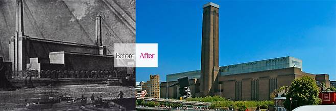 (왼) 과거 화력발전소의 모습인 테이트 모던. (오) 영국 런던 테이트 모던 갤러리 모습. /tate홈페이지·블룸버그