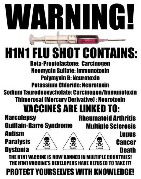 조류독감 백신에 독성물질이 들어있다는 주장을 담은 백신 거부 운동가들의 포스터.