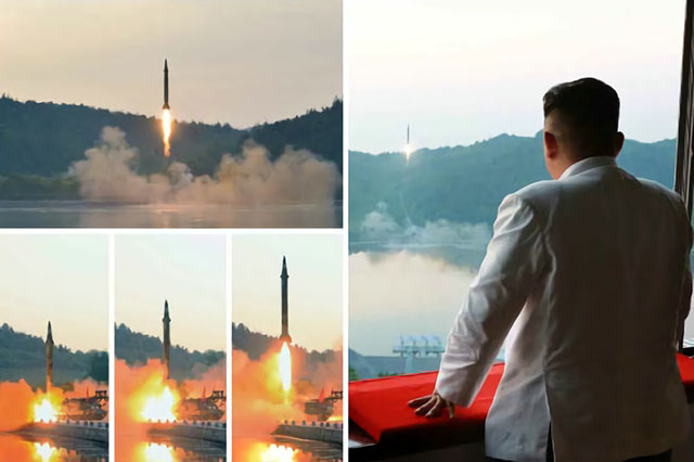 ▲ 북한이 29일 정밀 유도 탄도 미사일 시험 발사를 진행했다. 김정은(오른쪽) 국무위원장이 미사일 발사를 지켜보고 있다. ⓒ노동신문