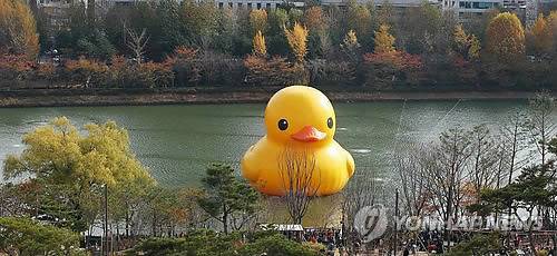 지난 2014년 10월 네덜란드 예술가 플로렌타인 호프만의 대형 고무 오리 ‘러버덕’이 서울 송파구 석촌호수에 전시됐을 당시의 모습. 연합뉴스