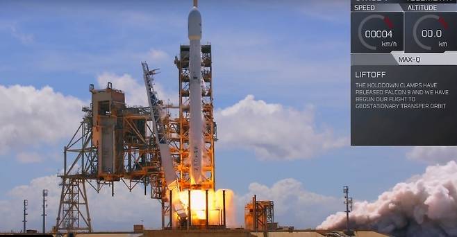 23일 오후 3시10분(미 동부시간) 불가리아통신위성을 탑재한 팰컨9 재활용 로켓이 플로리다주 케네디우주센터에서 발사되고 있다. 스페이스엑스 웹사이트