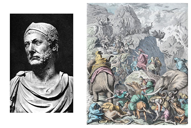 왼쪽: 로마시대 제작된 한니발의 흉상. 오른쪽: 19세기 독일 화가 홀츠슈니트가 그린 '알프스를 넘는 한니발' ⓒ 사진=위키미디어