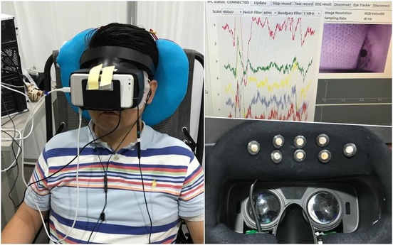 기자가 룩시드랩스 연구실에 방문해 가상현실(VR) 뇌파∙시선 측정 헤드셋을 착용한 뒤 동영상 시청과 연구원의 질문에 답을 하는 모습 /룩시드랩스 촬영