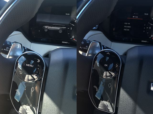 레인지로버 벨라의 스티어링 휠 리모트컨트롤 버튼은 정전식 터치 스크린. 시점에 따라 다른 버튼이 나타난다.