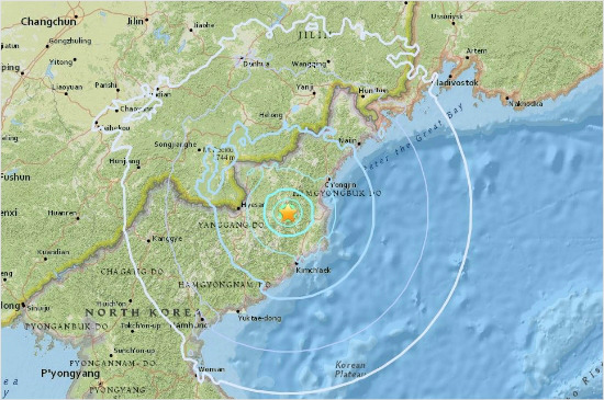 9월 3일 미국 지질조사국(USGS)이 발표한 북한의 지진 발생지역. USGS는 진앙지가 풍계리 핵실험장 인근 지역이라고 밝혔다. (USGS 홈페이지)