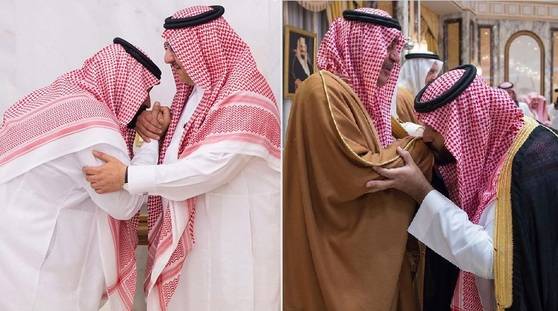 자신에게 왕세자 자리를 넘긴 빈 나예프 왕자의 손에 입 맞추는 빈살만 왕세자.(왼쪽 사진) 아버지인 살만 국왕에게 예를 표하는 빈살만 왕세자. [AP·EPA=연합뉴스]