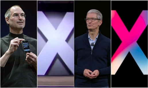 스티브잡스(왼쪽 첫번째)와 팀 쿡(왼쪽 세번째)이 2007년과 2017년 10년 차이로 아이폰 공개행사에서 ‘엑스(X)’를 표시했다. /조선DB, 애플 스트리밍 캡처