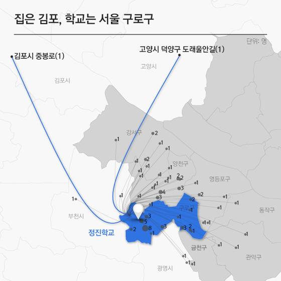 자가용 차를 이용해 서울 구로구 정진학교로 통학하는 85명 학생들의 거주지부터 학교까지의 거리 시각화