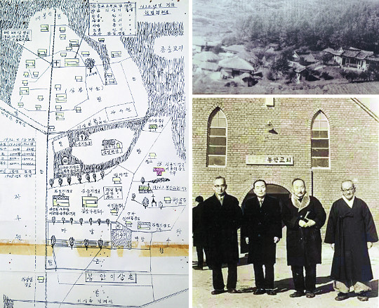 남양주 일제강점기 봉안이상촌 그림지도. 교회를 중심으로 농장과 건물이 배치되어 있다(왼쪽 사진). 1930년대 말 이상촌 마을 풍경(오른쪽 위 사진). 1970년대 봉안교회 앞에서 찍은 김용기 장로(왼쪽부터 세 번째)와 그의 아들들(오른쪽 아래 사진).