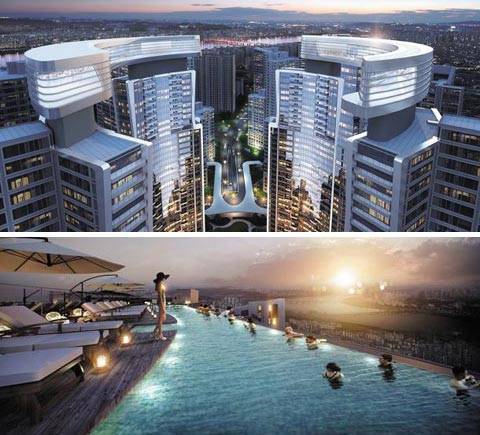 롯데건설은 서울 서초구 잠원동 '한신4지구' 재건축 시공사 입찰에서 스카이 브리지 4개를 만들겠다고 제안했다. 한강 조망이 가능한 35층 스카이 브리지에는 야외 수영장인‘인피니티 풀’이 들어설 예정이다. /롯데건설