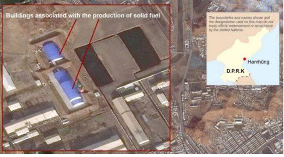 유엔 안전보장이사회 산하 대북제재 전문가패널이 지난 9일(현지 시각) 보고서에서 공개한 북한 함경남도 함흥시의 ‘고체연료 생산시설’ 위성사진. [연합뉴스]