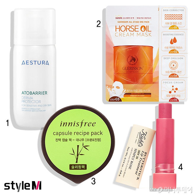 1. 에스트라 '아토베리어 더마프로텍터' 2. 게리쏭 '올 스테이지 원 팩' 3. 이니스프리 '진액 캡슐팩 - 대나무' 4. 키엘 '레몬 버터 컬러 립밤' /그래픽=마아라 기자