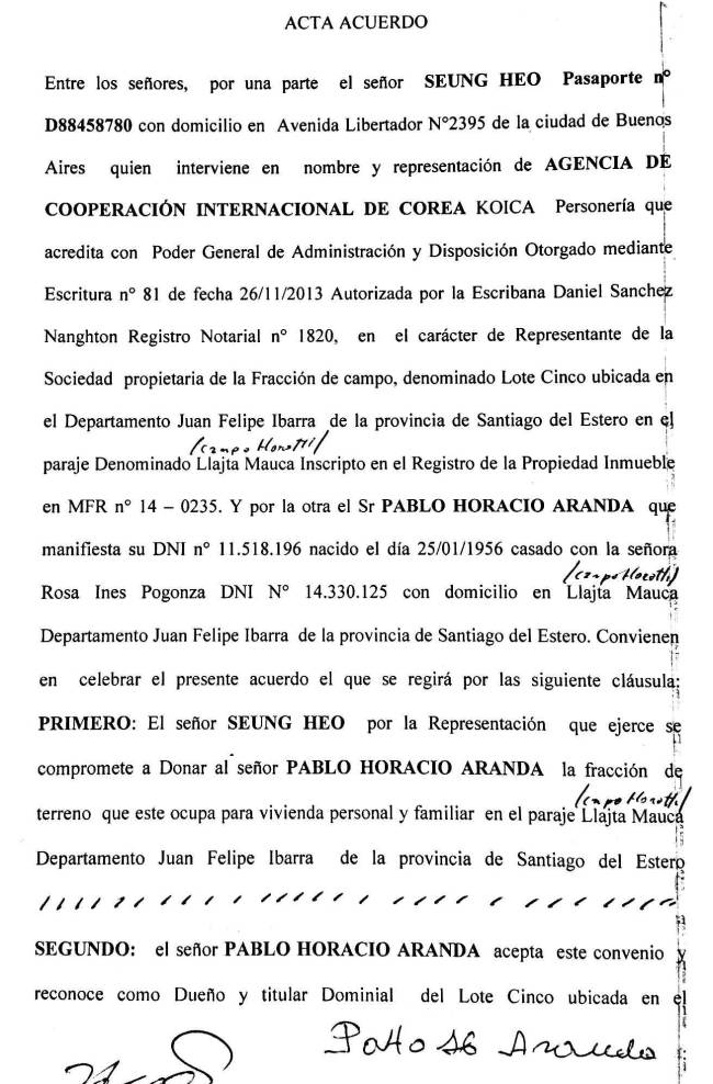 ▶야따아우까 농장 무상 양도 협약서 첫 쪽.