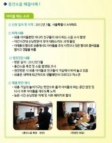 층간소음 이웃사이센터의 해결사례. 윗집이 방문을 허락하면 센터는 중재에 나서지만, 윗집이 거부한다면 문제 해결을 위해 어떠한 활동도 불가능하다. (출처=환경부)