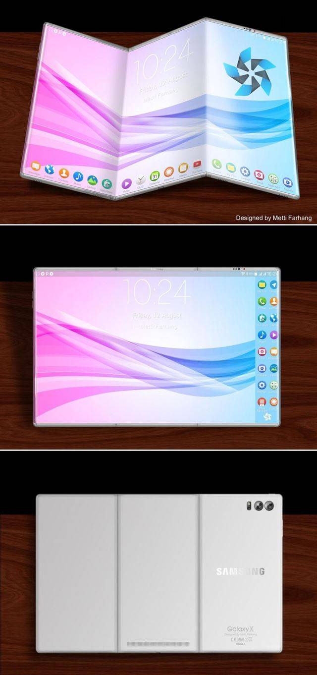 삼성전자 폴더블 스마트폰 가상 이미지. 두번 접을 수 있고, 완전히 폈을 땐 태블릿PC처럼 보인다. 콘셉트폰 캡처