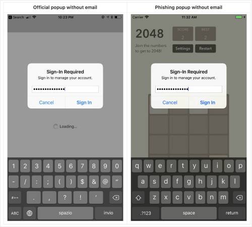 애플ID 이메일 없이 암호를 요구하는 공식 팝업창과 복제 피싱 팝업창