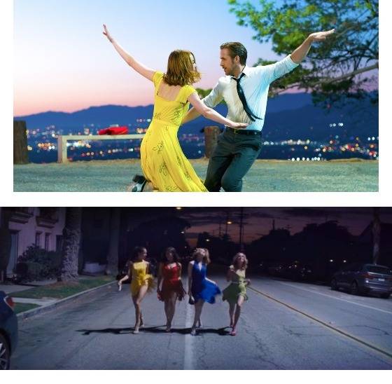 영화 라라랜드에 출연한 라이언 고슬링과 엠마 스톤이 춤추는 모습(위). 아래는 극중 스톤이 친구들과 파티에 나서는 모습. [중앙포토]