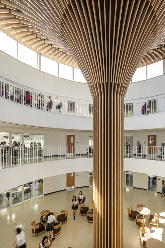 BHA의 건물 내부. 가운데 기둥은 빗물을 생활용 수로 활용할 수 있도록 지하에 모이게끔 하는 빗물통로 역할을 한다. BHA는 ’친환경적으로 건물이 지어졌다“고 자랑한다. [사진 각 학교]