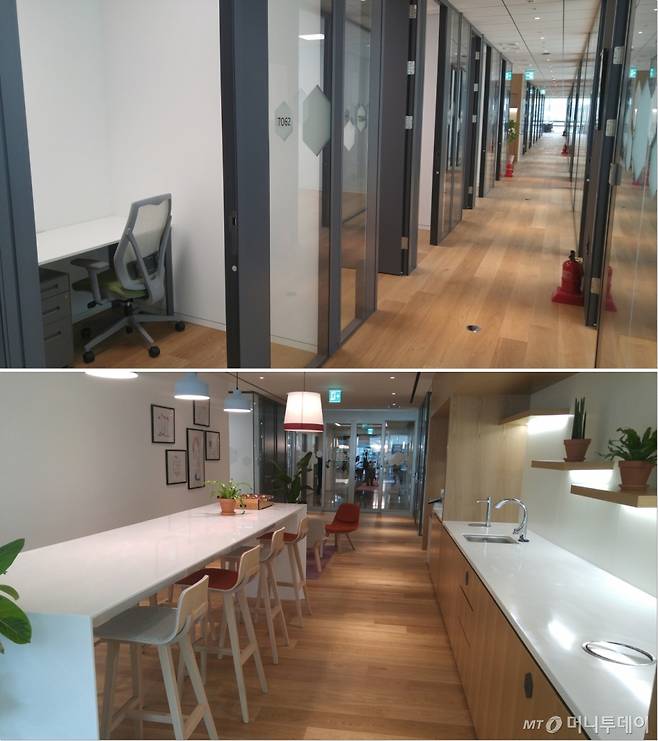지난달 서울 종로구에 문을 연 스페이시즈의 국내 1호 공유오피스 '스페이시즈 그랑 서울' 내부 모습. 독립된 개별 사무공간(위)과 공유공간(아래)으로 구성된다. /사진=김사무엘 기자