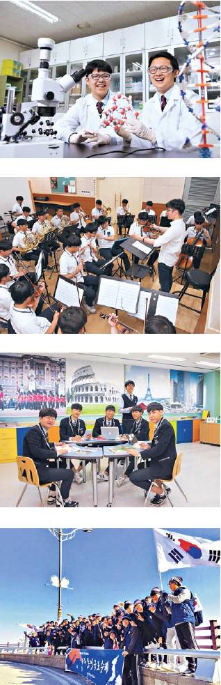 위쪽 사진부터 하얀 가운을 입은 의학 동아리 학생들의 실험 모습과 관현악 합주반, 영어전용교실, 국토순례 및 역사유적지 탐방.