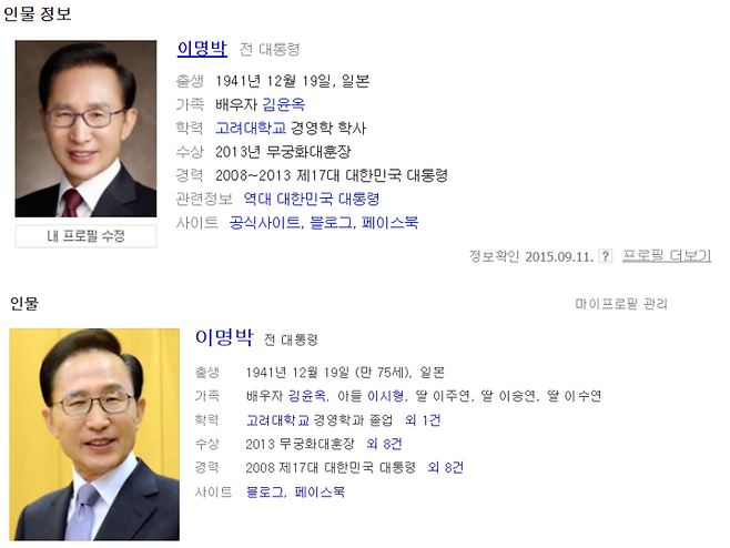 네이버(위)와 다음의 이명박 전 대통령 인물 검색 결과.