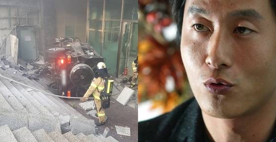 베우 김주혁씨가 30일 서울 강남구 삼성동에서 차량 전복 사고로 사망했다. 현장 사진(왼쪽)과 김주혁씨. [사진 독자 제공, 중앙포토]