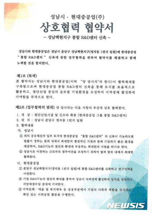 【성남=뉴시스】 성남시-현대중공업, 백현 R&D 센터 신축 협약서