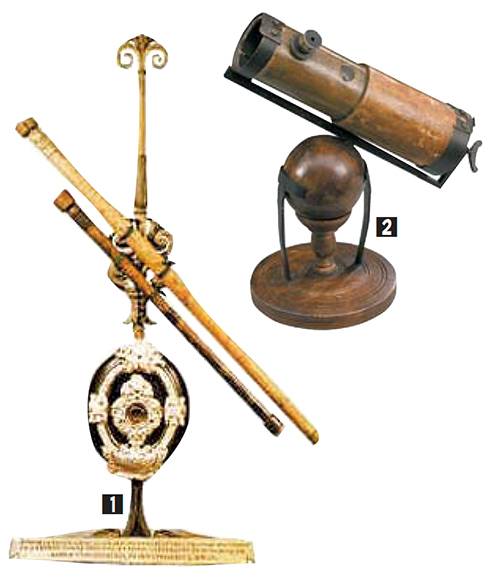 ① 최초의 천체 망원경인 갈릴레오의 굴절(렌즈) 망원경. ② 굴절 망원경의 단점을 없앤 뉴턴의 반사(거울) 망원경.