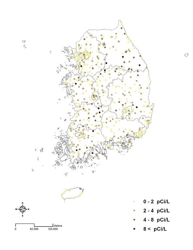 라돈 오염지도. 2011년 조사 결과다. [자료 국립환경과학원]