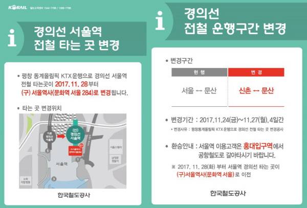 서울역 경의선전철 운행구간 변경 및 승강장변경 안내문. ｜코레일 제공