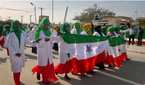 지난해 소말릴란드 독립 25주년 기념행사에서 시민들이 국기를 들고 행진하고 있다. [AP=연합뉴스]