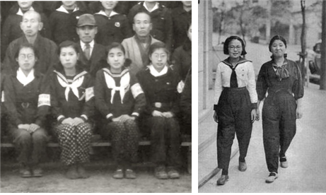 상의는 세일러복, 하의는 몸뻬를 입은 1940년대의 일본 여학생들 /출처=야후재팬