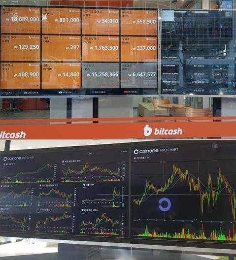 서울 광화문의 빗썸 고객센터와 서울 여의도의 코인원 고객센터 ‘코인원 블록스’. 전광판에 가상화폐 시세를 표시하고 있다./사진=이민아 기자