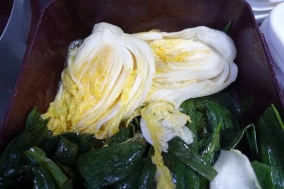 대파 덮은 걸 걷어내자 황금빛 노란 백김치가 드러난다. 김치가 익어도 배추 색이 변하지 않게 하려고 대파를 덮었다.