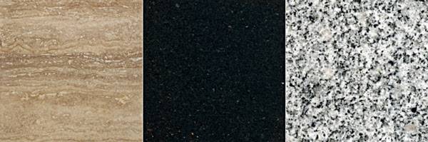 왼쪽부터 대리석인 트래버틴, 갤럭시블랙 화강석, 거창석(화강석). /제이아키브 제공
