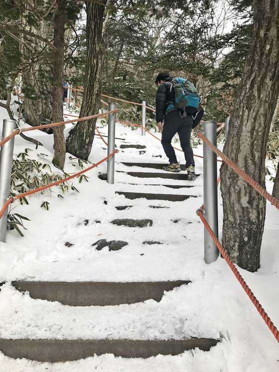 영실 코스 초입에서 마주하게 되는 영실분화구 능선 구간. 계단이 가파르지만 못 오를 정도는 아니니 겁 먹을 필요가 없다.