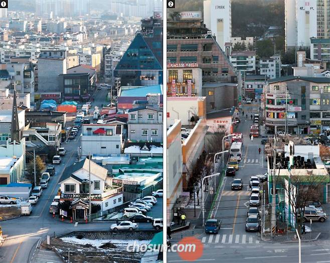 25일 오후 제천 스포츠센터 화재 참사 현장 주변 골목은 여전히 불법 주차된 차량들로 가득했다. 폭 6.6m 도로 양쪽에 불법 주차 차량이 들어서 진입 가능한 공간이 2.85m에 불과하다. 화재 현장 북쪽(왼쪽 사진)과 동쪽(오른쪽 사진)에서 각각 바라본 모습이다. /남강호 기자