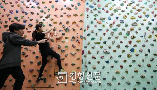 지난 14일 권영세클라이밍센터에서 진행된 12월 ‘취미잼잼’ 실내암벽등반 강좌에서 취재기자가 직접 초급자용 벽을 타고 있다. 강사가 긴 지휘봉으로 다음에 잡을 ‘홀드’를 알려주지만, 책상 앞에만 앉아있어 굳어진 몸은 맘대로 움직이지 않는다. 김창길 기자 cut@kyunghyang.com