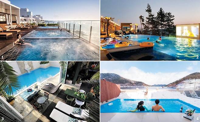 1 ‘힐튼 부산’ 10층에 있는 맥퀸즈 풀은 야외에 루프톱 자쿠지가 있어 동해를 바라보며 힐링할 수 있다. 2 여수 바다가 보이는 ‘핀란드의아침’ 인피니티 풀. 밤이면 신나는 클럽 음악과 화려한 조명이 비추는 풀 파티가 열린다. 3 충남 태안군 ‘지중해아침펜션’은 그리스 산토리니처럼 꾸민 이국적인 분위기의 실내 수영장으로 인기다. 4 전남 장성군 ‘더힐링나인’은 객실에 딸린 개별 수영장에서 오붓하게 물놀이를 할 수 있다./각 업체