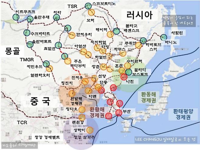 북방경제는 서쪽으로 환발해경제권~환황해경제권, 동쪽으로는 두만강개발계획~환동해경제권으로 연결이 되는데 이 두 라인이 한반도에 종합되며 환태평양 경제권과 연결된다.