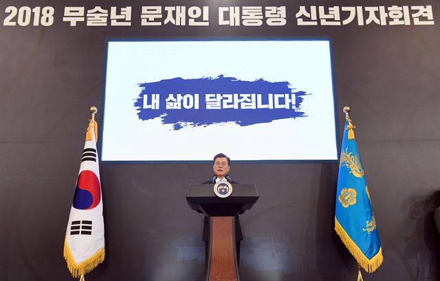 문재인 대통령이 10일 오전 청와대 영빈관에서 열린 신년 기자회견에 앞서 새해 국정운영 구상이 담긴 신년사를 발표하고 있다. 고영권 기자