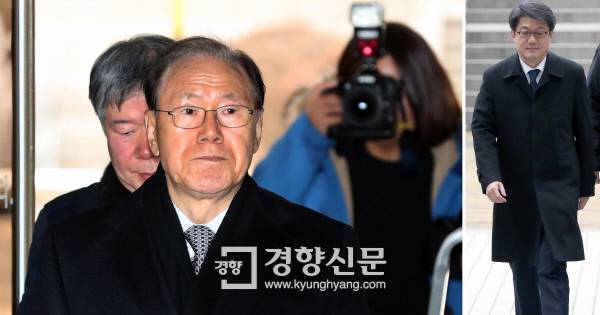 이명박 정부 시절 국가정보원에서 특수활동비를 불법 상납받은 혐의로 구속영장이 청구된 김백준 전 청와대 총무기획관(왼쪽 사진)과 김진모 전 청와대 민정2비서관이 16일 구속 전 피의자심문(영장실질심사)을 받기 위해 서울 서초구 서울중앙지법으로 들어오고 있다.  권도현 기자 lightroad@kyunghyang.com