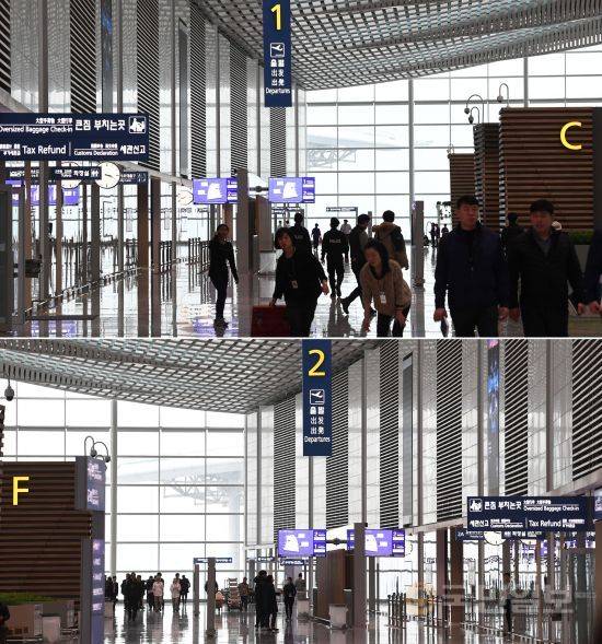 C와 F 카운터 뒤에 총 2개의 출국장이 위치해 있다.