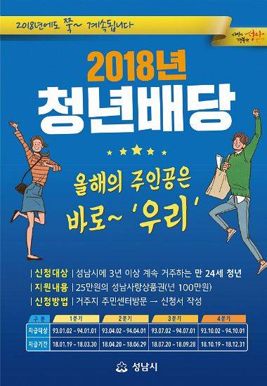 경기도 성남시의 2018년 청년배당 지급 안내 포스터.(사진=성남시청 제공)