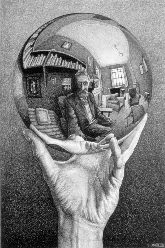 에셔의 'Hand with Reflecting Sphere (반사 공을 든 손)' 1935년 작품